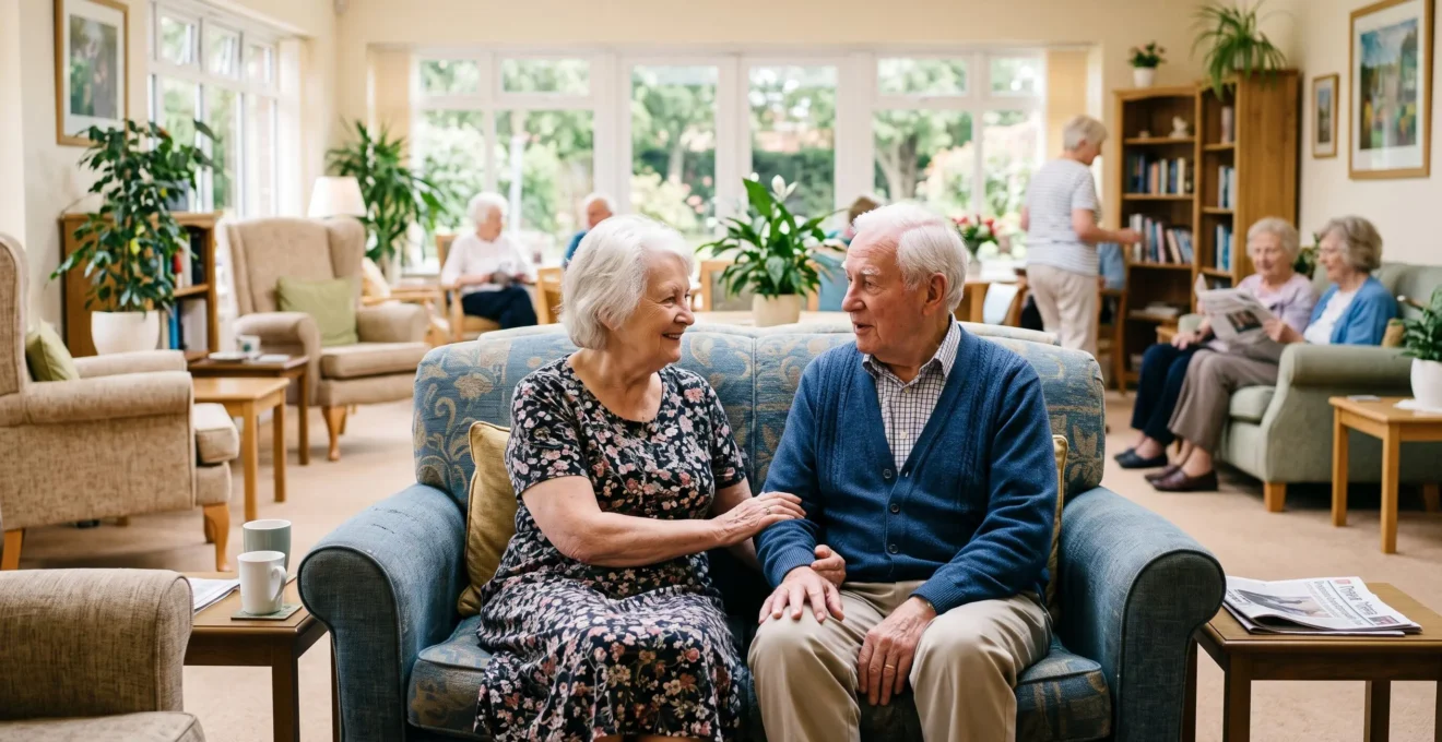 Couple de seniors assis ensemble dans un espace commun lumineux et chaleureux d'une maison de retraite