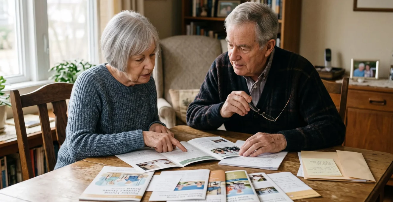 Couple de personnes âgées consultant ensemble des brochures et documents sur les maisons de retraite à leur domicile