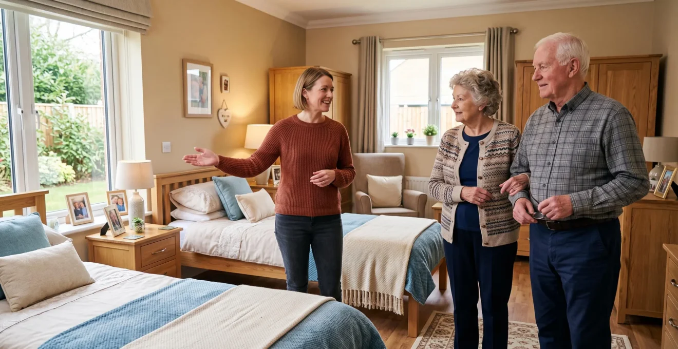 Couple de seniors accompagné de leur fille visitant une chambre double lumineuse dans une maison de retraite