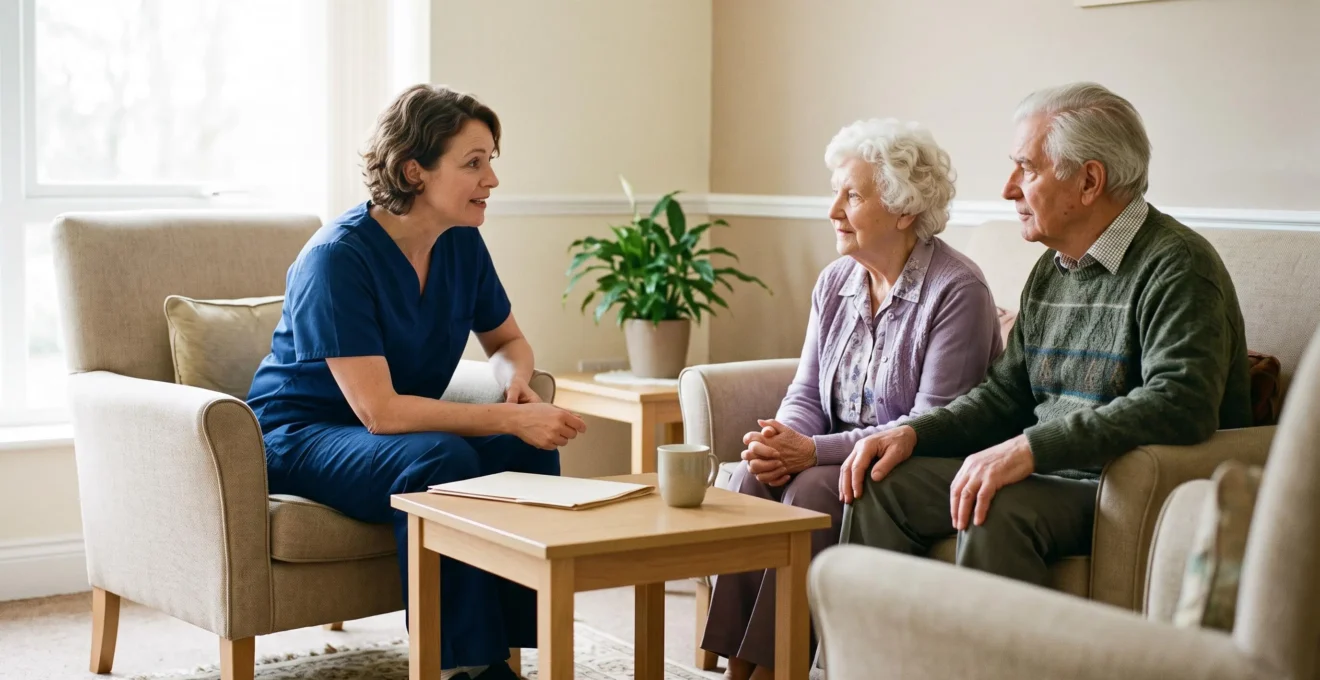 Infirmière en discussion bienveillante avec un couple de personnes âgées dans une salle de consultation chaleureuse d'une maison de retraite